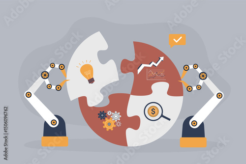 Robotic arms assemble colorful puzzle, robots solve complex problem. Ai teamwork, manufacturing machines. Artificial intelligence team help human solving business tasks