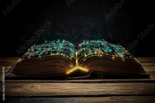 Open book with glowing digital circuit patterns emerging from pages, creating a fusion of literature and technology, symbolizing knowledge and innovation in a dark setting