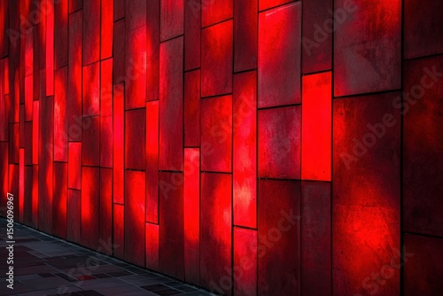 Abstract red wall with geometric patterns and varying light reflections, creating a vibrant atmosphere, showcasing modern architectural design and artistic expression