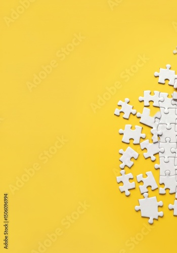 Scattered white puzzle pieces on yellow background with empty space on the left. Concept of problem solving, logic, teamwork, and incomplete structure