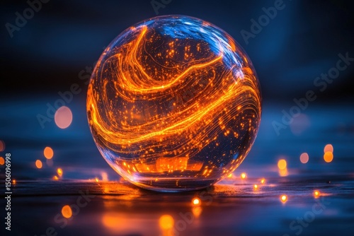 Glass sphere with swirling orange and blue light patterns, surrounded by glowing orbs, creating a mesmerizing visual effect in a dark ambient setting