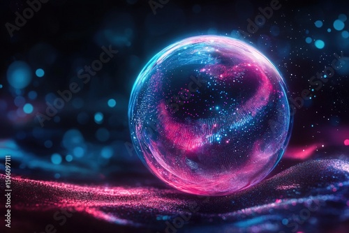 Colorful abstract sphere with glowing particles and vibrant light effects, set against a dark background, creating a mesmerizing visual experience of cosmic beauty and depth