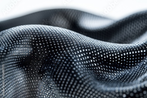 Close-up view of textured black fabric with a wave-like pattern, showcasing intricate details and reflective qualities, ideal for fashion or design applications