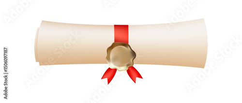 3d diploma scroll icon. Diploma with gold wax seal.