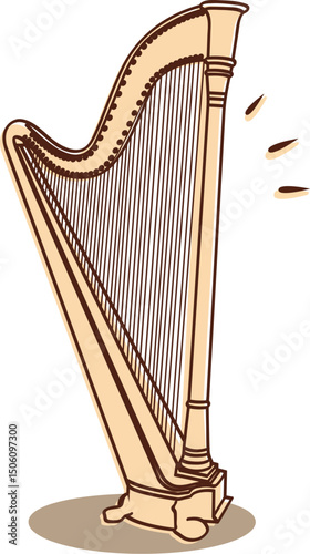 Vector illustration of a classical harp on white background. Perfect for music-related projects, classical compositions, spirituality, elegance, serenity, and ancient or orchestral instrument themes.