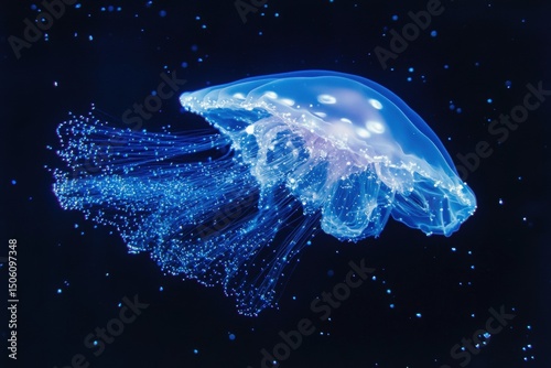 Ethereal jellyfish gracefully gliding through dark ocean waters, illuminated by bioluminescent glow, showcasing delicate tentacles and mesmerizing movement in an underwater environment