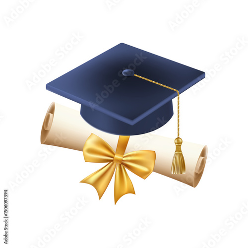 3d diploma scroll with graduate hat. Vintage roll paper
