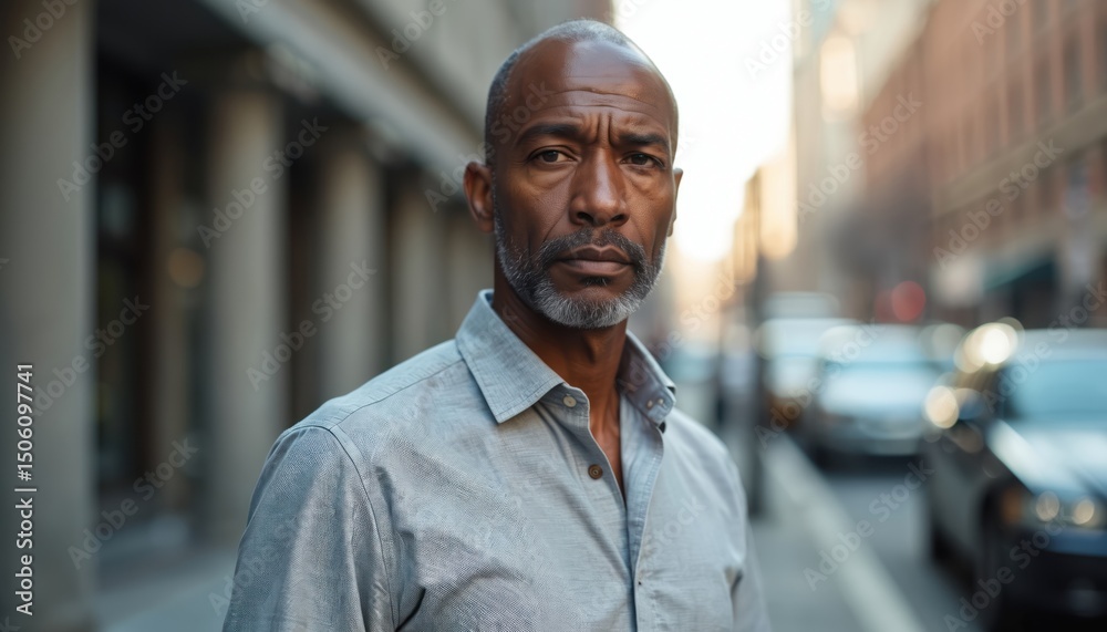 Fototapeta premium Close-up portrait middle-aged African American man in city. Mature entrepreneur, serious face, looking at camera. Businessman outdoors, urban setting, successful pro, career, employee.