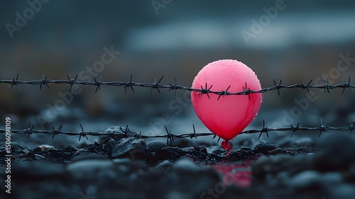 Dramatic abstract rendering of a deflated pink balloon trapped in barbed wire with vivid chiaroscuro lighting and enigmatic emotion