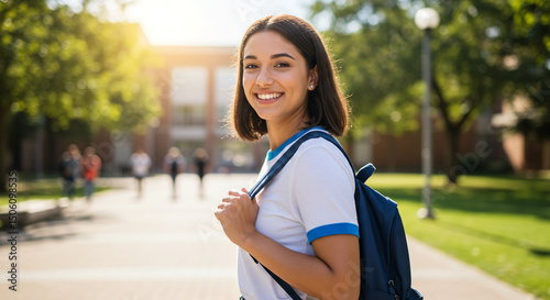 Smiling teenager girl walking to school with backpack on her back