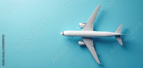 Commercial plane in sky. Airplane flies over azure. Airline jet transport for vacation, business trip. Top view, flat lay with copy space for design and advertising.