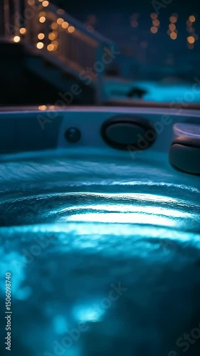 Illuminated hot tub water bubbling and steaming under soft string lights at night, offering relaxation and hydrotherapy in an outdoor setting.