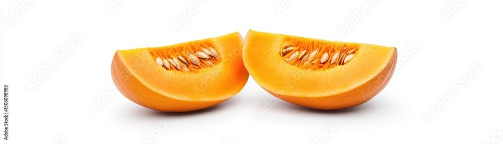 Freshly Cut Orange Melon Slices with Seeds on White Background for Culinary and Health Concepts Freshly Cut Orange Melon Slices with Seeds on White Background for Culinary and Health Concepts