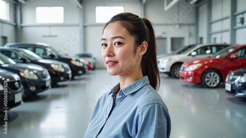 Smiling woman in a car dealership showcasing vehicles in a spacious and bright environment