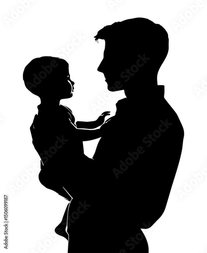 A black and white silhouette of a dad holding a child on a white isolated background. vector graphics. EPS.