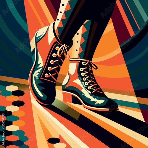 Colorful retro dance floor with stylish shoes and vibrant patterns showcasing joyful movement at a lively party Generative AI