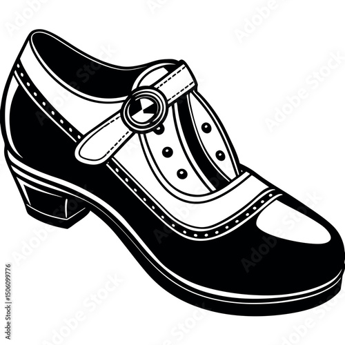 Vintage style black and white T-strap shoe with a buckle and low heel suitable for classic dances or retro occasions Generative AI