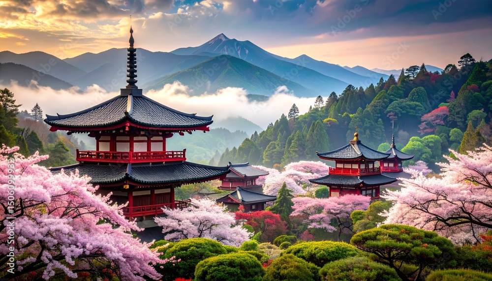 Obraz premium serene japanese temple landscape misty mountains and cherry blossoms