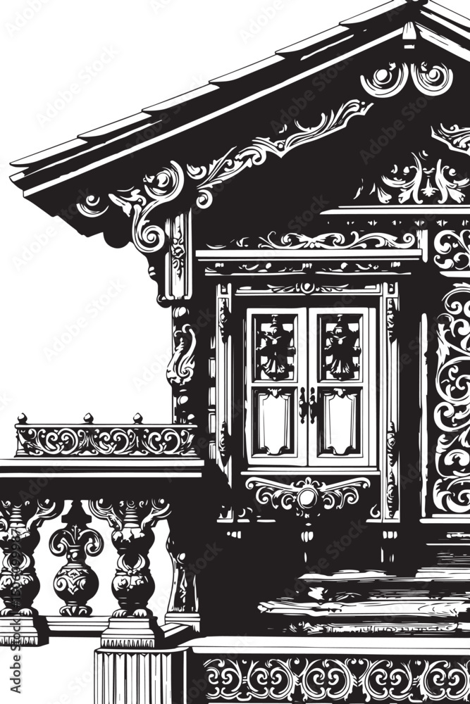 Fototapeta premium Ancient Slavic architecture, the patterns are made with wood carvings. Hand drawn vector illustration