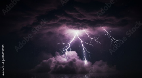 Dramatic Night Sky Powerful Lightning Strikes During a Thunderstorm