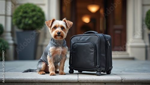Cute small dog sits on stone steps near black suitcase. Pet waiting for travel adventure journey. Canine, puppy ready for vacation, explore. Concept of trip, transport, tourism, travel, hotel,