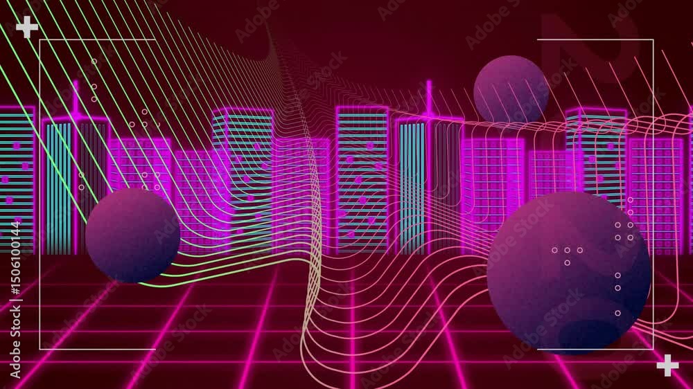 Opening grid glow igniting neon skyline flashing, wireframe waves and spheres moving to showcase UI