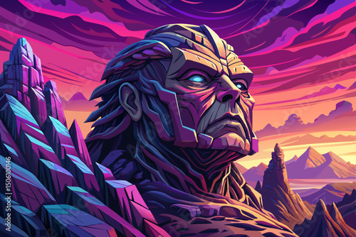 Majestic rocky mountains with one large cliff shaped like a human face or ancient sculpture emerging from the rock at sunset