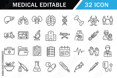  Medical and Healthcare icon set. Containing doctor, medicine, lungs, heart, hospital, treatment, healthcare, pills, and more
