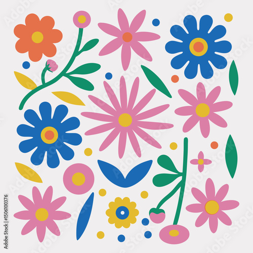 Colorful floral pattern design featuring an arrangement of stylized flowers and green leaves elements