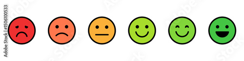 Feedback emoji icons vector. good and bad emoticon signs - Happy and Sad reaction. 6 Color faces, Smiley rating icon set , happy, neutral, sad, emojis. Vector illustration