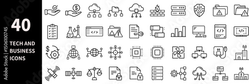 Tech and Business - related Line Icon Set. Includes hand with checkmark, money, cloud network, server, shield, code, document, graph, circuit, and more. Editable strokes. Vector illustrations.