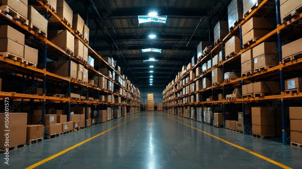Extensive Warehouse Inventory, Rows of Cardboard Boxes on Shelving Units, Logistics and Storage Concept Extensive Warehouse Inventory, Rows of Cardboard Boxes on Shelving Units, Logistics and Storage Concept