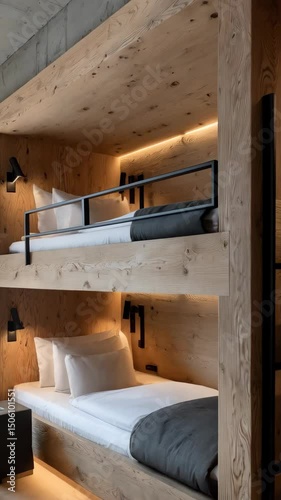 Modern wooden bunk beds with linens and pillows in a cozy room, with decorative lights providing a warm ambience and rustic design elements