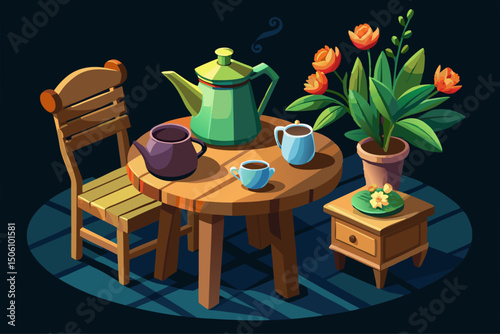 vector of On the wooden table, in the corner of the table, a flower pot and a coffee service. Dark background
