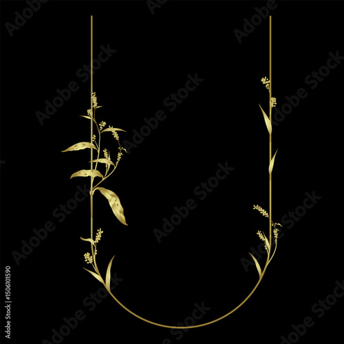 Capital letter U with floral  motifs. Botanical alphabet with herbs and wildflowers. Blooming branches of Polygonum plant. Knotweed or Smartweed flower. Golden glossy silhouette on black background.