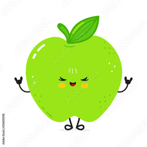 Green Apple mascot performing rock gesture, grinning with attitude against white backdrop