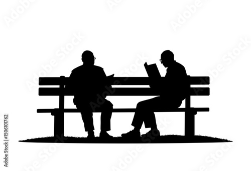 Silhouettes of elderly people sitting on a bench reading in the park  