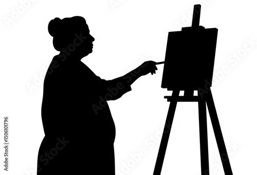 Elderly woman painting on an easel in a creative silhouette concept  