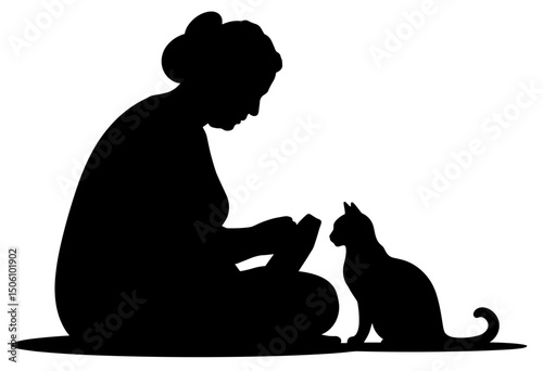 Elderly woman reading a book with cat sitting beside her - Concept of silhouettes of elderly people  