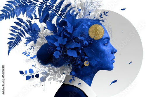 Abstract Profile with Cryptocurrency and Nature Elements A Side View of a Person Adorned with