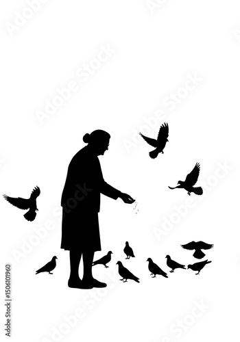 Elderly woman feeding birds while standing in silhouette style  