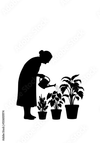 Elderly woman watering plants while standing beside potted greenery - Concept of silhouettes of elderly people  