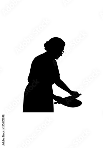 Elderly woman cooking in silhouette against a white background - Concept of silhouettes of elderly people  