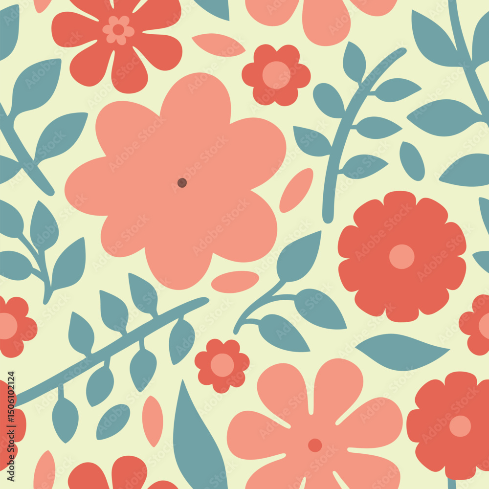 Seamless floral pattern with simple flat flowers and leaves in retro color scheme