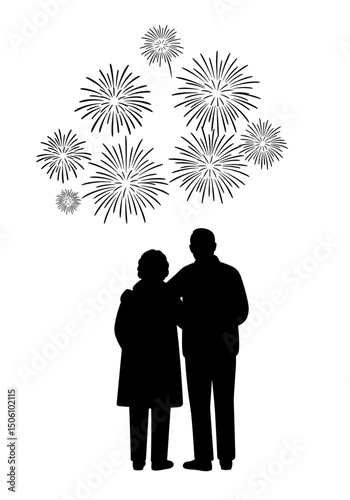 Elderly couple watching fireworks together under colorful sky - Concept of silhouettes of elderly people  