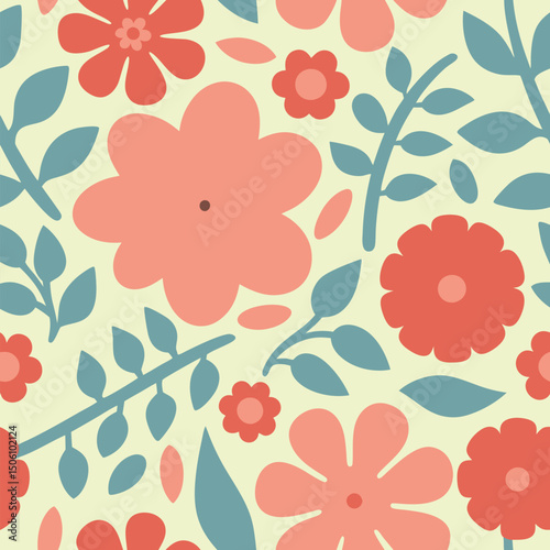 Seamless floral pattern with simple flat flowers and leaves in retro color scheme