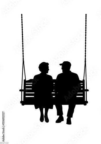Silhouette of elderly couple sitting on swing, concept of silhouettes of elderly people  
