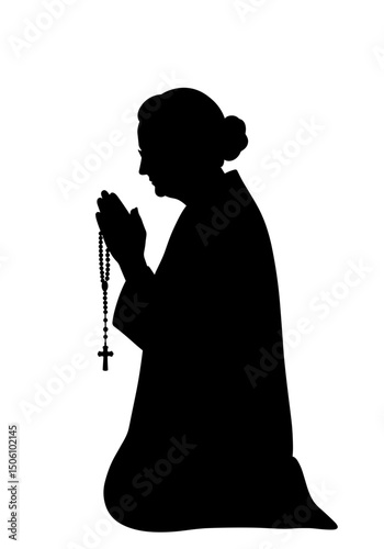 Elderly woman praying with rosary in silhouette against white background  