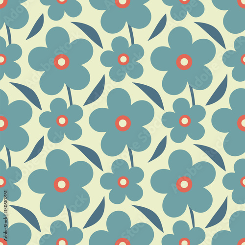 Seamless floral pattern with teal flowers and red centers on a cream background