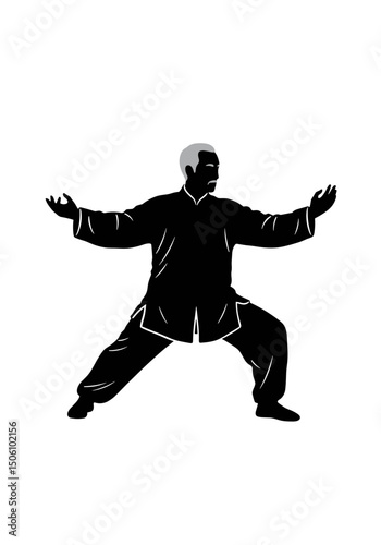 Elderly man practicing Tai Chi in a serene posture - Concept of silhouettes of elderly people  